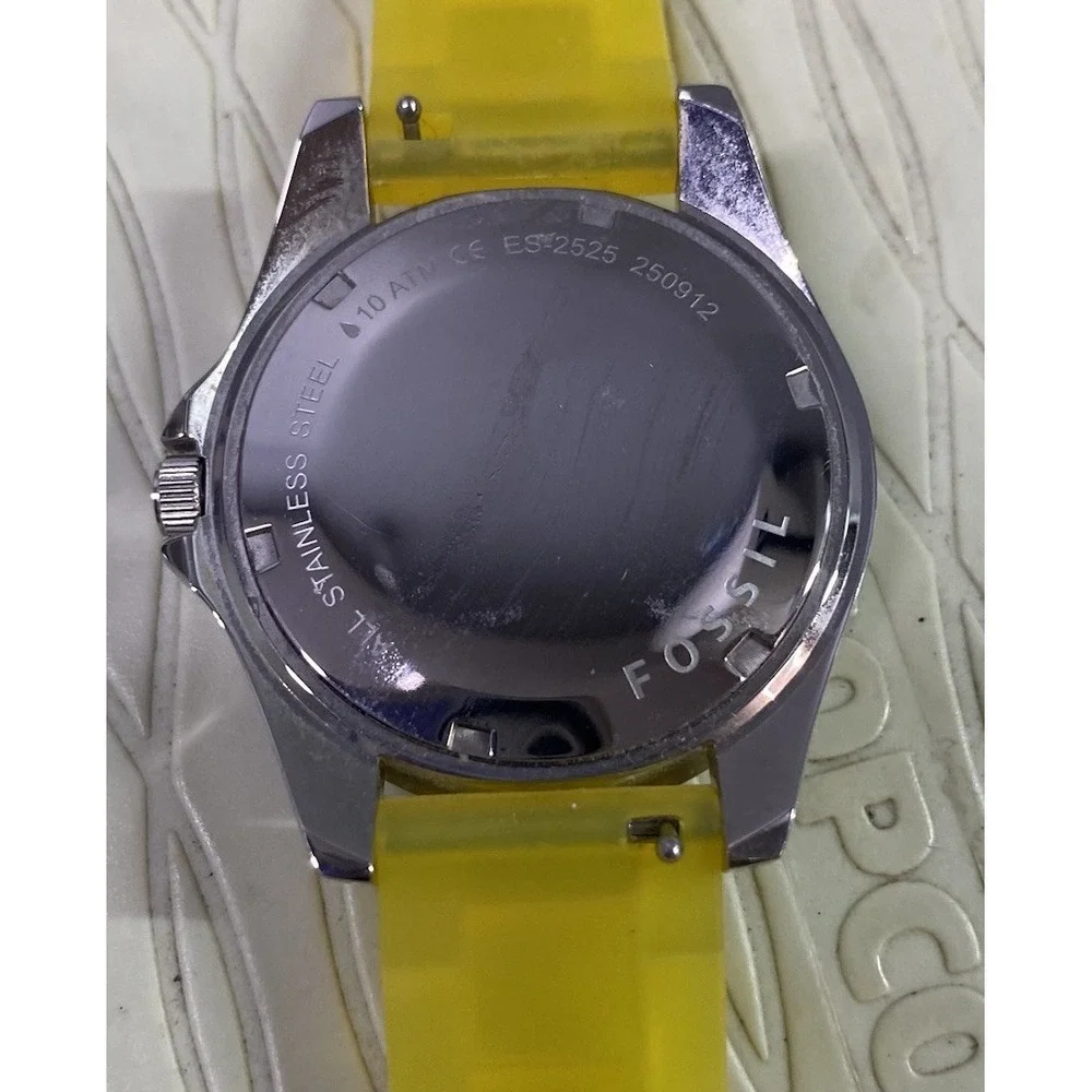 Fossil Womens ES2525 Watch Yellow Silicone Strap Glitz Bezel Face Dazzle EUC
